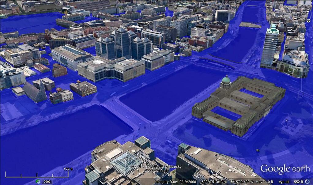 Dublin sous 5 mètres d’eau par Google Earth